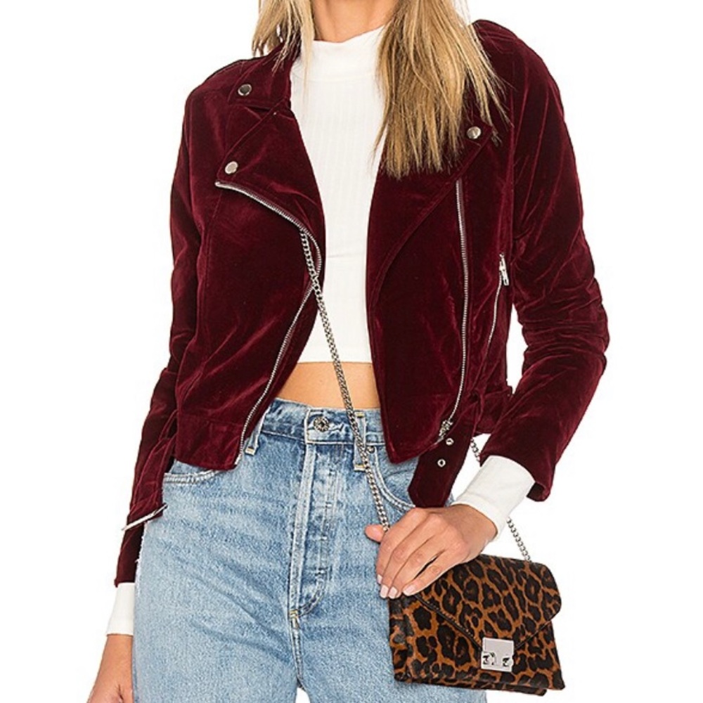 Malaya Velvet Moto Jacket in Burgundy from Revolve